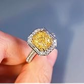Xiaomei Women 925 Sterling Silver Princess Cut Citrine Ring Cushion Cut Cubic Zirconia CZ Statement Halo Engagement Ring Wedding Jewelry Size 6-10 (US 6)
