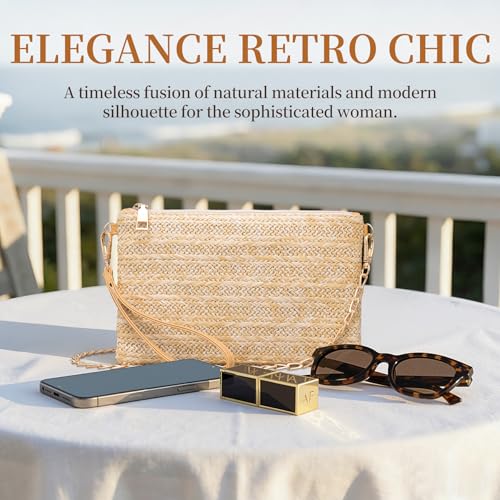 Larcenciel Women's Raffia Bag, Women's Shoulder Bag with Removable Wristlet and Chain, Beach Bag