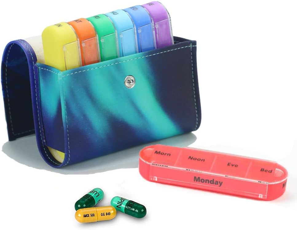 Pill Organizer,LIZIMANDU Weekly Travel Pill Case Box Medication Reminder Daily AM PM, Day Night 7 Compartments,for 4 Times A Day, 7 Days a Week-Includes Leather PU Carrying Case (Northern Light)