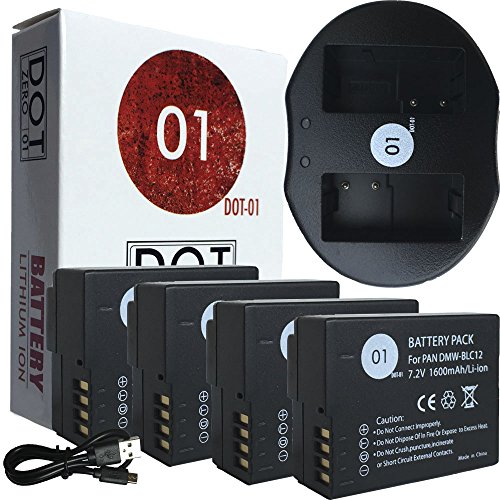 DOT-01 4x Brand Panasonic Lumix FZ2500 Batteries and Dual Slot USB Charger for Panasonic Lumix FZ2500 Camera and Panasonic FZ2500 Battery and Charger Bundle for Panasonic BLC12 DMW-BLC12