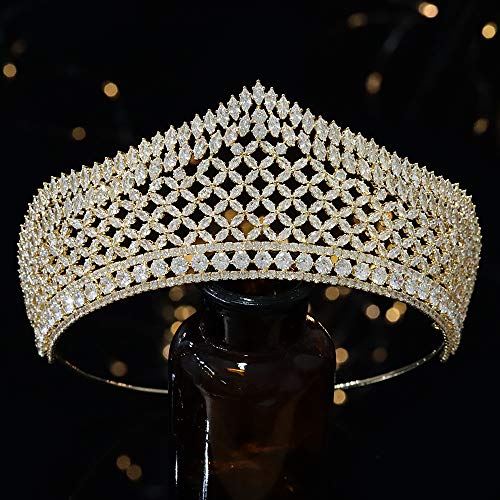 Aoligrace Full Cubic Zirconia Gold Tiaras Tall Big Bridal Crowns for