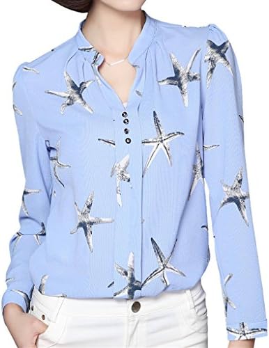 NIXI Women Starfish Printing Casual Work Shirts Long Sleeve Slim Chiffon Blouses (US16=XXL,Blue)