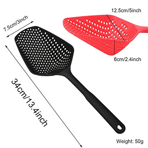 SKEMIX Kitchen Nylon Strainer Scoop Colander, Skimmer Spoon with Long Handle, Drain Shovel Strainers, Water Leaking Shovels Ice Shovel Colanders - Pack of 2 (Red and Black)) - Thumbnail 2