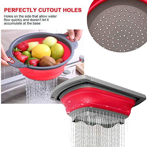 Huanlemai 3-Packs Red Kitchen Collapsible Colander Set with Extendable Handles Over The Sink - BPA Free Silicone Folding Strainer for Draining Pasta, Vegetable, Fruit (6qt, 4qt, 2qt)