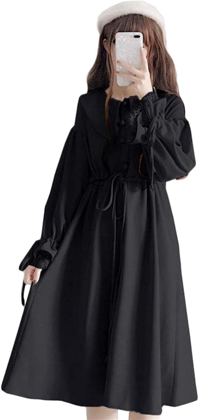 Amazon Co Jp Gergeous長袖 ワンピース レディース 日系 ロングワンピース レース付き 袖リボン 可愛い シャツワンピース ロング丈 着痩せ 学院風 ワンピース 萌え 森ガール 秋 Freesize黒 服 ファッション小物