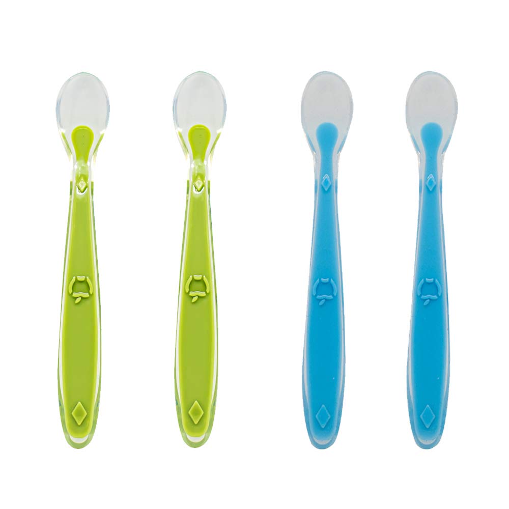 Callowesse Baby Silicone Reusable Spoons with Easy Grip Handle and Soft Tip, Dishwasher and Microwave Safe 4 Pack - Blue & Green