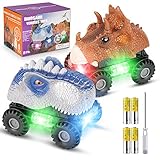 RenFox Dinosaur Cars with 4 Batteries and 1 Screwdriver, 2 Pack Dino Cars for Kids with Lights and Sound for Boys Girls Toddlers Birthday