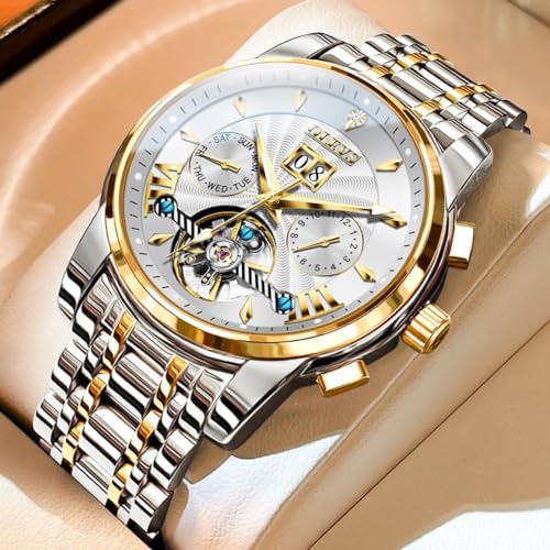 OLEVS Men Automatic Watch Stainless Steel Skeleton Mechanical Date Calendar Luxury Classic Business Waterproof Luminous Wrist Watches