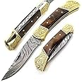 Best.Buy.Damascus1 Damascus pocket knife, Folding knife, Pocket Knife For Men, Knife Set with knife sharpeners Premium Quality gifts for men (Rose Scrimshaw)