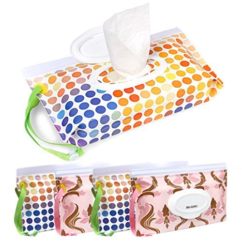 Ava & Kings 4pc Resealable Baby Diaper Wipe Travel Case w/Strap - pink & rainbow