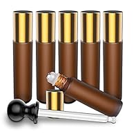 6 New Roller Bottles, BESTOPE 10ml Amber Frost Glass Roll On Bottle with Stainless Steel Roller Balls for Aromatherapy, Perfume, Essential Oil and other liquids - 3ml Dropper Included