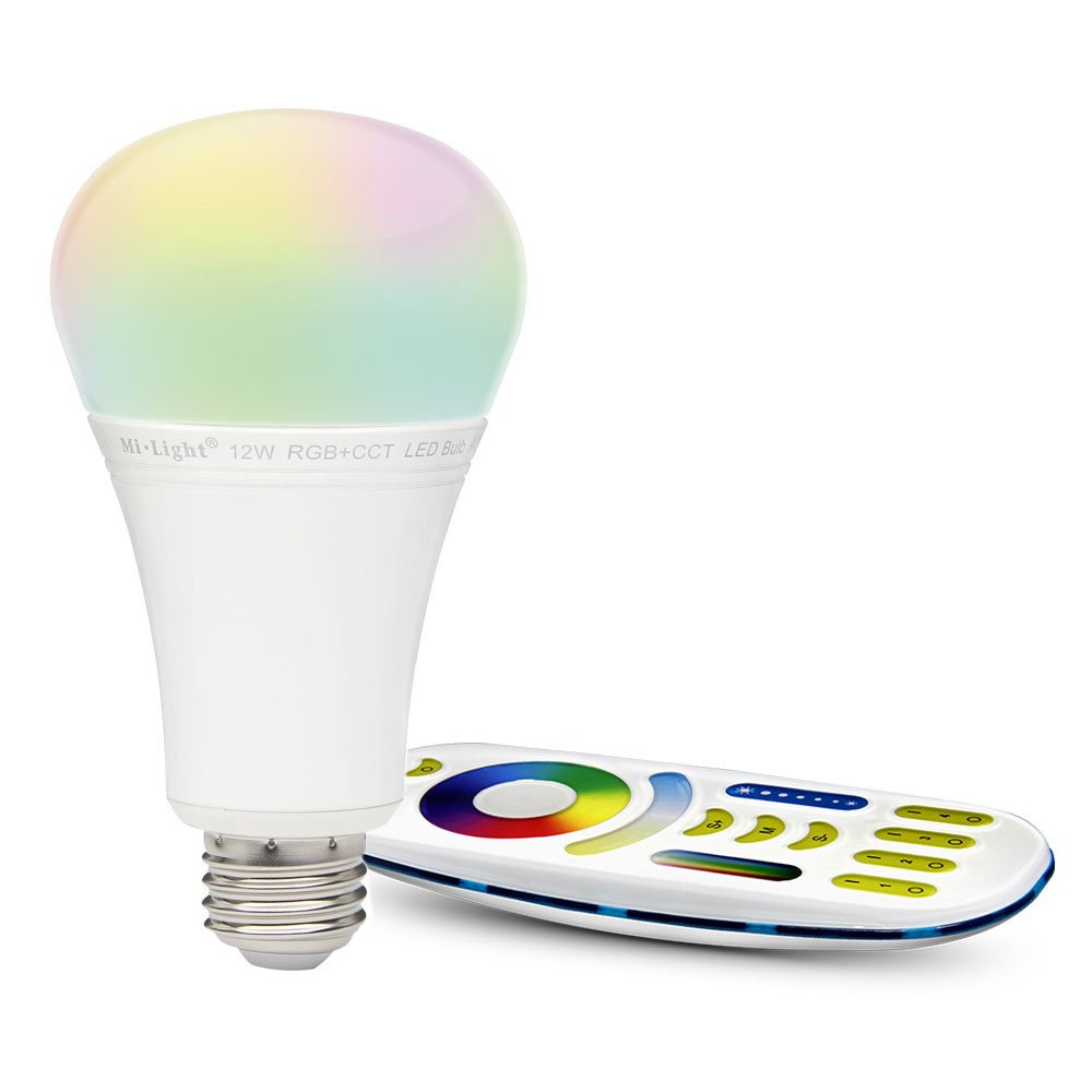 lighteu®, 1x 12W E27 Milight MiboxerWiFi E27 12W 2.4G RF Remote Control RGB+CCT LED Bulb Lights with a 4 Zone Remote Control FUT105+FUT092