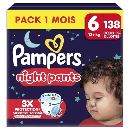 Pampers Night Pants, tamano 6, 138 capas, 15 kg+, mantenimiento de 360° contra fugas con un corazon súper absorbente para una proteccion reforzada toda la noche, paquete de 1 mes