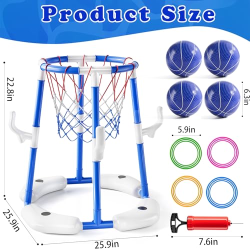 Pool Basketball Hoop,2-in-1 Floating Basketball Pool Games with 4 Balls/12 Rings/Pump,Swimmming Pool Toys for Kids Adults Age 3-12,Summer Family Party Indoor Outdoor Water Play Toys,Blue