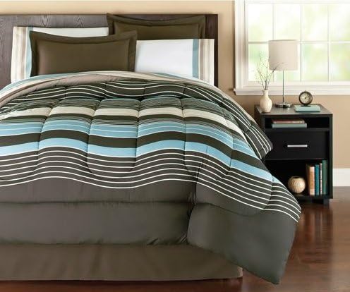 Brown & Blue Urban Striped Boys Queen Comforter Set (8 Piece Bed In A Bag)