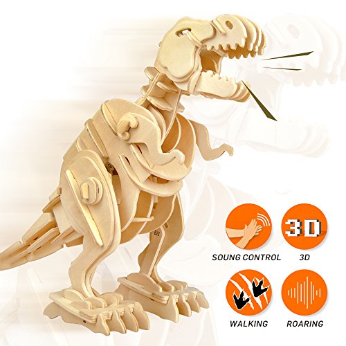 ROBOTIME 3D Wooden Dinosaur Puzzle Sound Control Robot Walking T-Rex Best Birthday Gifts for Boys