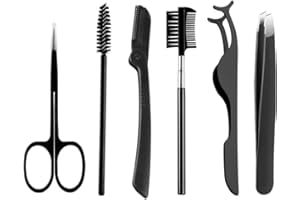 YIUIRUOI 6-piece Stainless Steel Eyebrow Grooming Kit (Tweezers/Brow Brush/Brow Comb/Brow Scissors/Brow Razor/Assist Tool) with Functions for Shaping Eyebrows and Applying False Eyelashes.
