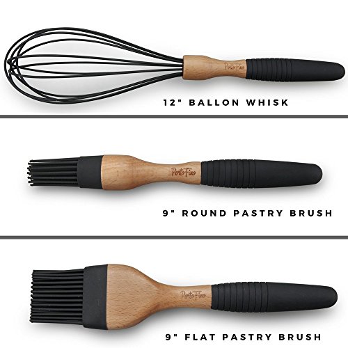 PortoFino 6 Pc. Baking Utensil Set – Beech Wood & Silicone – Cooking / Kitchen Tools – 9” Large Spatula, Small Spatula, Spoon Spatula, Flat Pastry Brush, Round Pastry Brush, 12” Whisk, Gray