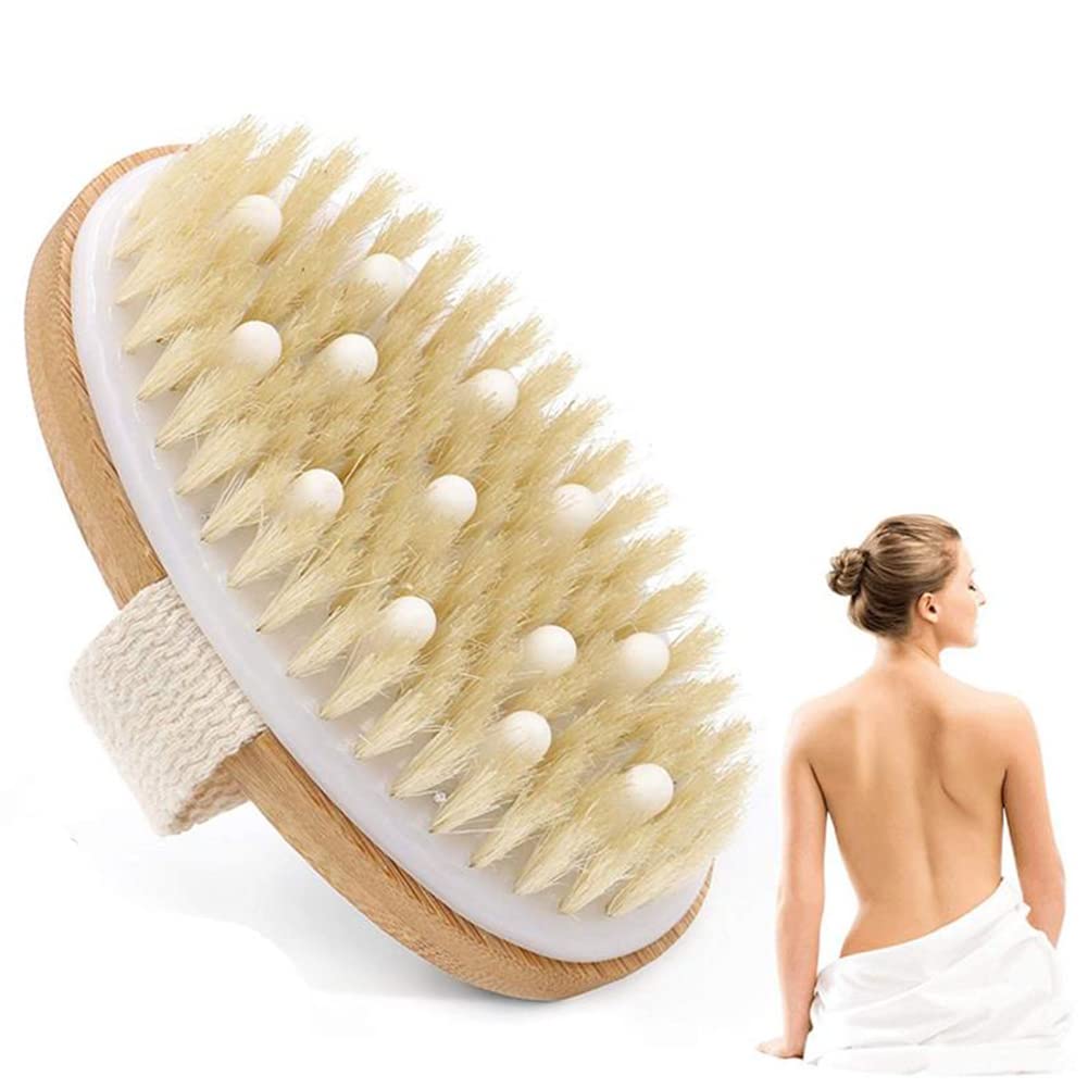 RZJZGZ Dry Brushing Body Brush Physical Scrubber Improves Lymphatic Functions, Stimulates Blood Circulation Shower Massage Natural Bristle Bath Brush for Remove Dead Skin Toxins Cellulite (Oval)