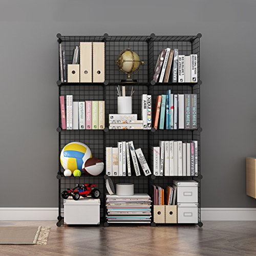 [- LANGRIA 12-Cube DIY Wire Grid Bookcase, Multi-Use Modular Storage Shelving Rack, Open Organiser 