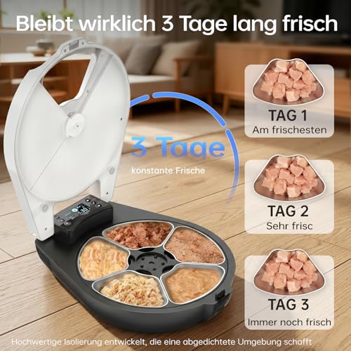 Automatic Cat Wet Food, 3 Days Fresh 5 Meals, with Semiconductor Cooling & Heating, Wet Automatic Feeder for Cats, Feeding Bowl Made of 304 Stainless Steel — Programmable Wet Food Automatic Cats