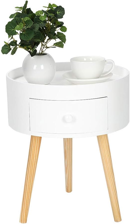 Amazon Com Round End Table With Drawer Modern Wood Nightstand
