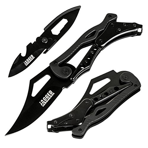 Jagged Tactical JT-Z22 Series Tactical Hunting Folding Pocket Knife with 3 1/2 Black Carbon Blade & Back Lock Design Handle. Complete with Bonus Mini Multi Function Keychain Knife with Bottle Opener