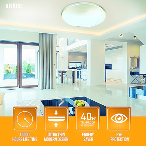 Aishini Modern 40w, White Only - 6500K White LED Ceiling Lights <2500 Lumen, Long Life 15000 Hrs Round Shape Flush Mount (37.5cm) Flat Ceiling Lights for Bedroom, Dining, Closet, Laundry, Bathroom