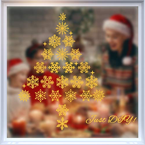 Beautyhero-Christmas-Snowflakes-Clings-Snow-Window-Stickers-Christmas-Decorations-Non-Adhesive-for-Glass-146-x-118-Inches-Gold-and-Silver-Snowflakes-Stickers-Double-Sides-Colors-4-Sheets-176-Pcs
