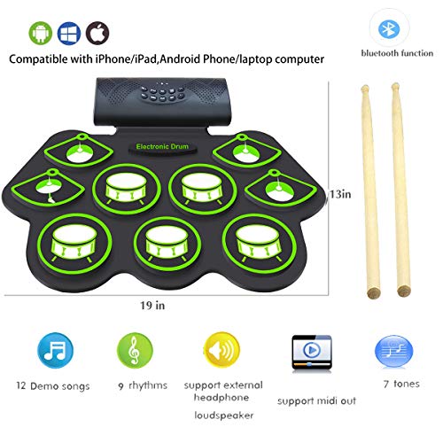 Electronic Drum Set - MIDI Drum Practice Pads,Bluetooth Portable Roll Up Electric Drum kit for Kids Beginner,Kids Drum Set with Headphone Jack, Built in Speaker, Battery, Drum Stick Drum Pedals