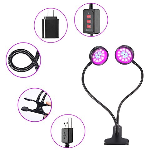 LED Growth Light, INKERSCOOP Horticultural Plant Lighting with Timer Remote Control(3H/6H/12H), Dual Head 12W LED & 5 Modes Brightess Lamp for Indoor Plants Greenhouse Office