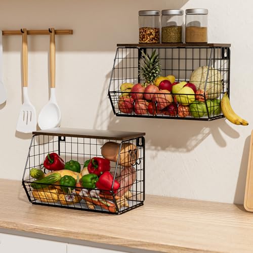 Gaethra 2 Pieces Kitchen Fruit Bowls 30 x 16.5 x 20 cm Removable and Foldable with Banana Hook and Wooden Lid Fruit Basket Rack Baskets for Fruits, Organize Kitchen and Store Vegetables (Black)
