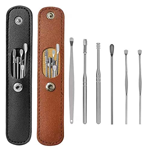 2 Sets Ear Wax Removal Kit,6 Pcs Ear Pick Earwax Removal Tool,Ear Cleaner Tool Set,Stainless Steel Earwax Remover with Leather Case ,Suitable for Children and Adults, Reusable(Black and Silver)