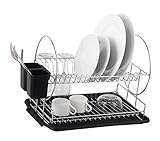 Deluxe Chrome-plated Steel 2-Tier Dish Rack with Drainboard/Cutlery Cup (BlackII)