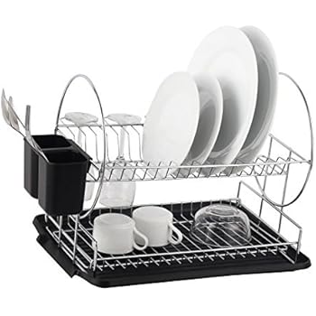 Deluxe Chrome-plated Steel 2-Tier Dish Rack with Drainboard/Cutlery Cup (BlackII)