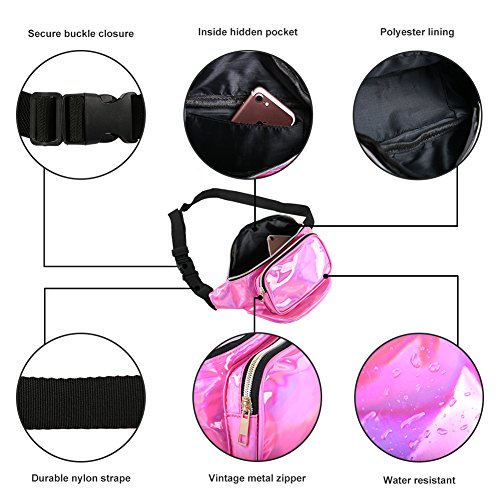 MUM'S MEMORY Metallic Hologram Fanny Pack – Outdoor Sport Waist Pack for Running, Hiking, Traveling for Women and Men (Rose Red)