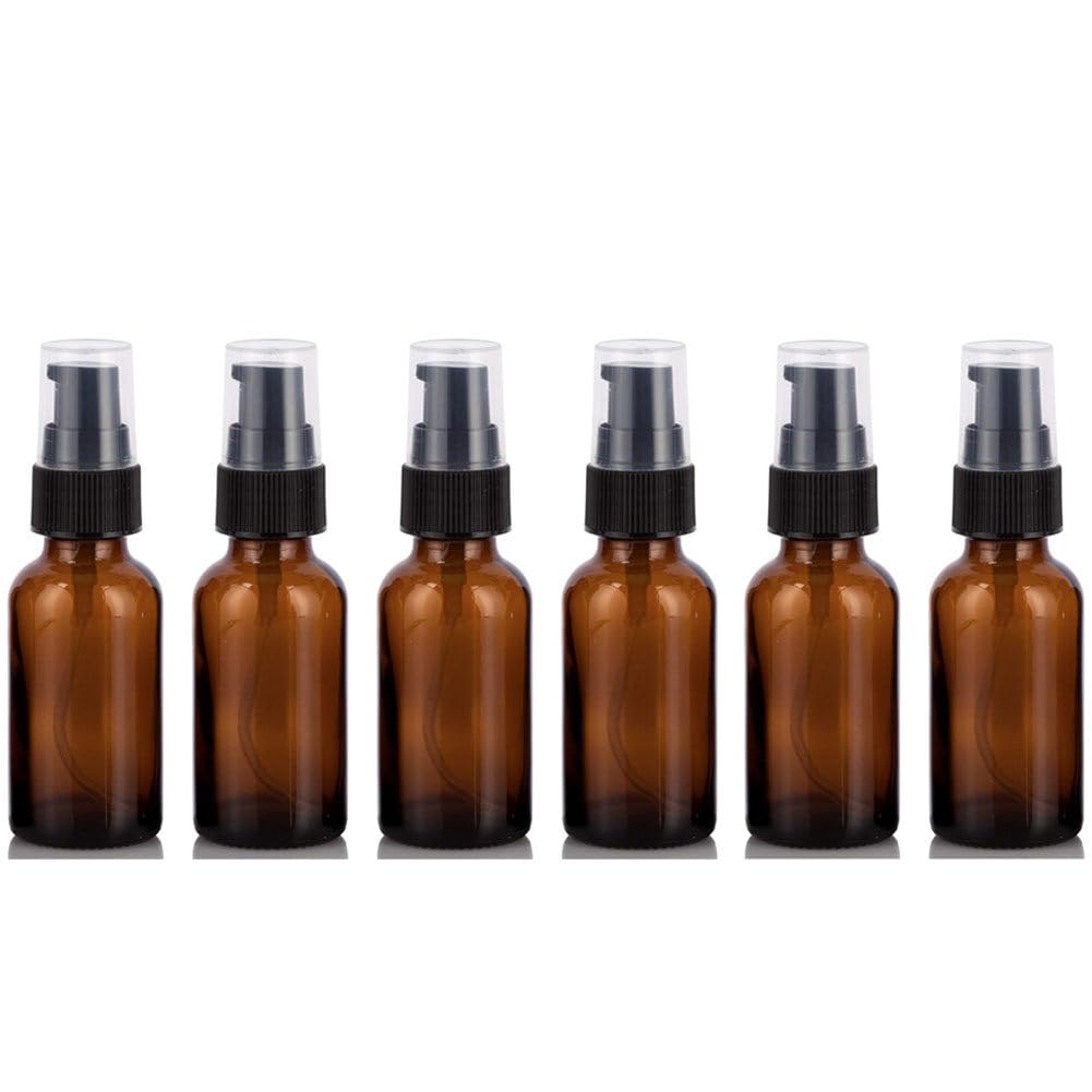 6PCS 30ml/1oz Amber Glass Lotion Pump Bottles Empty Cosmetic Makeup Travel Pump Dispenser Container Jars for Cream Essential Oils Toiletries