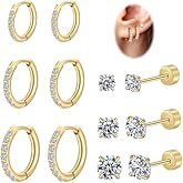 LIHADA Surgical Steel Small Huggie Hoop Screw Flat Back CZ Pearl Opal Stud Hypoallergenic 14K Gold Plated Earrings Sets for Women Multiple Piercing Lightweight Waterproof and Non Tarnish