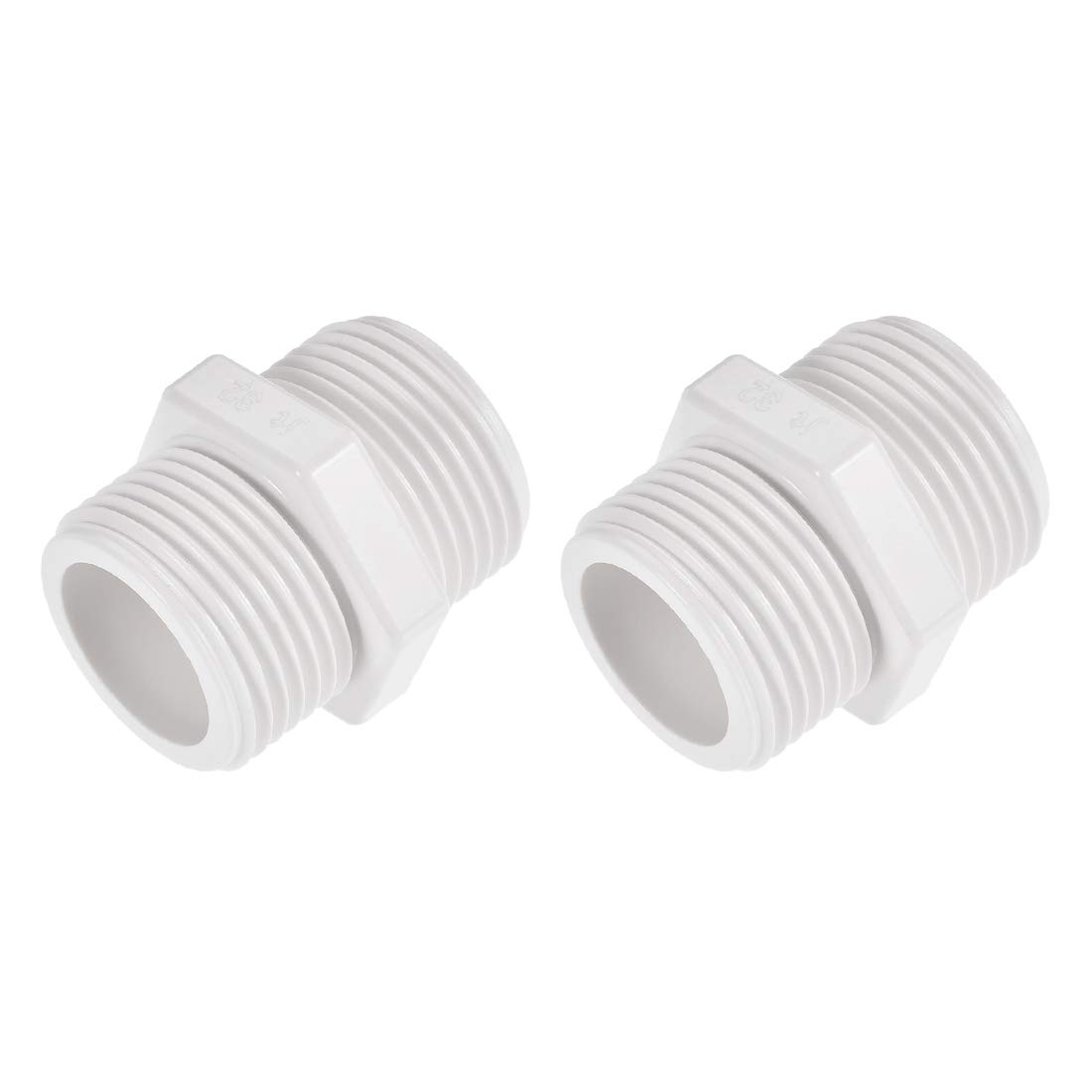 sourcing map Pipe Fitting, G1 Male Thread, Hex Nipple Tube Adaptor Connector Hose Connector, for Water Tanks, PVC Plastic, White, Pack of 2