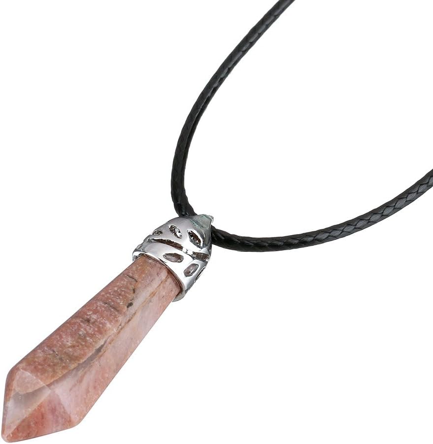 Gemstone Hexagonal Pointed Reiki Chakra Pendant Leather Cord Necklace For Women 17.5 Inch (Rhodonite)