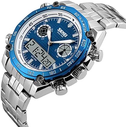 FunkyTop Men's Digital Electronic Waterproof Led Sport Dual Time Watch Watch Stainless Steel Quartz Watch (Blue)