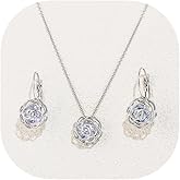 Crysdue Gorgeous Cubic Zirconia Camellia Flower Jewelry Set Elegant Bridal Floral Necklace Earrings Set Birthday Valentine's Day Christmas Jewelry Gifts for Women