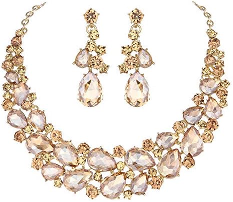 Youfir Austrian Rhinestone Teardrops Necklace and Earrings Jewelry Sets for Women Wedding Party Dress