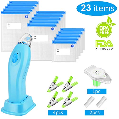 Sous Vide Bags Kit Handheld Vacuum Sealer BPA Free 15 Reusable Vacuum Sealer Bags 1 Vacuum Wine Stopper 2 Sealing Clips 4 Sous Vide Clips for Food Preservation Kitchen Homemaker (Blue)