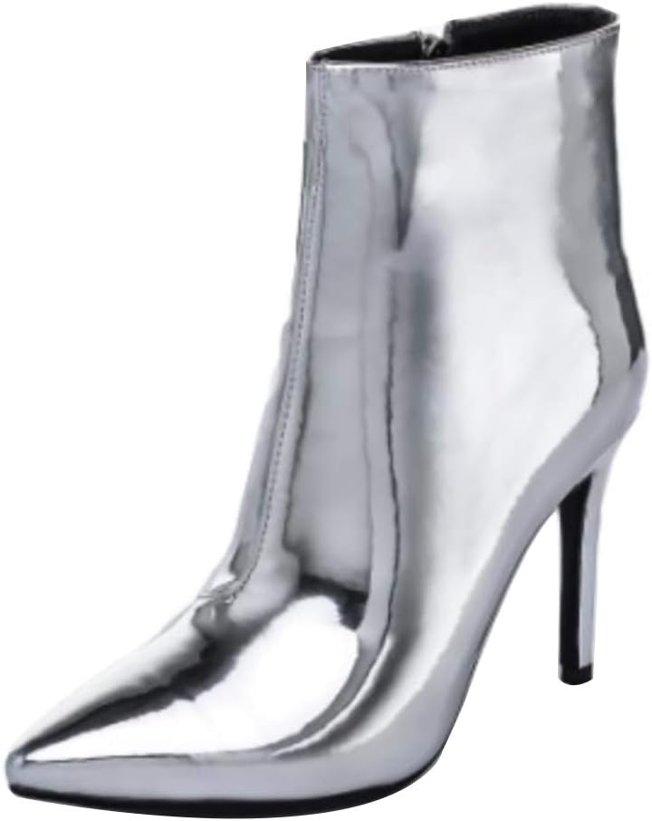 aznz Women Metal Gold High Heels Pointed Ankle Boots Party Zip Booties Patent Leather