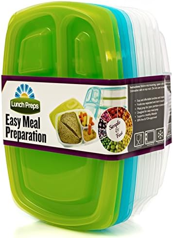 Set of 5 Durable, Leak-Proof Food Storage Containers for Meal Preparation &amp; Portion Control. Divided Lunch Container Plates / Bento Boxes w/ 3-Compartments &amp; Lids by Lunch Preps