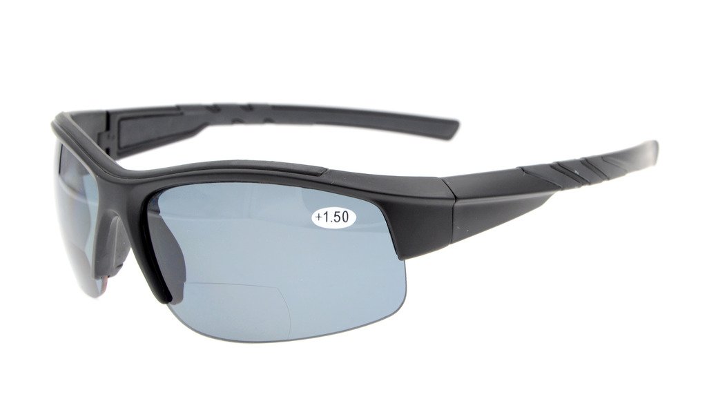Eyekepper TR90 Unbreakable Sports Bifocal Half Rimless Sunglasses Baseball Running Fishing Driving Golf Softball Hiking Matte Black Frame Grey Lens +2.0