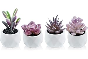 Tiita Purple Artificial Faux Succulents in Pots, Mini Purple Fake Plants for Women Desk, Small Realistic Faux Succulents for Home Office Accessories Window Sill Bathroom Bedroom 4 Set, Purple