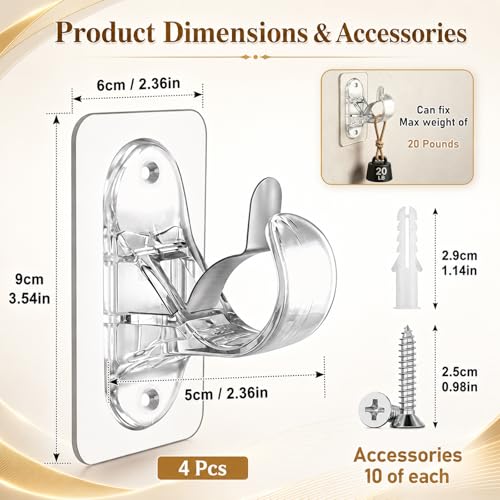Wosyoodo 4 Ganchos para Cortinas Sin Taladrar con Tornillos - Soporte Invisible Transparente para Barra de Cortina (Hasta 20 lb), para Barra Ø 1.5-3.3 cm, Ideal para Cortinas y Toallas