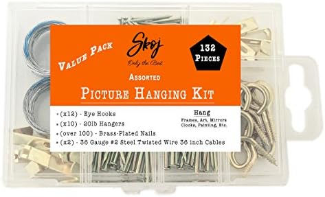 SKOJ Assorted Picture Hanging Kit - 132 Pieces - Heavy Duty Assortment with Wire, Picture Hangers, Hooks, Nails and Hardware to Hang Pictures